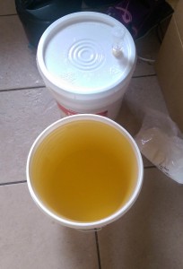 Cider with lid in primary, above. Sani bucket below.